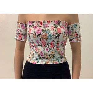 Floral Smocked Off-the-Shoulder Crop Top.